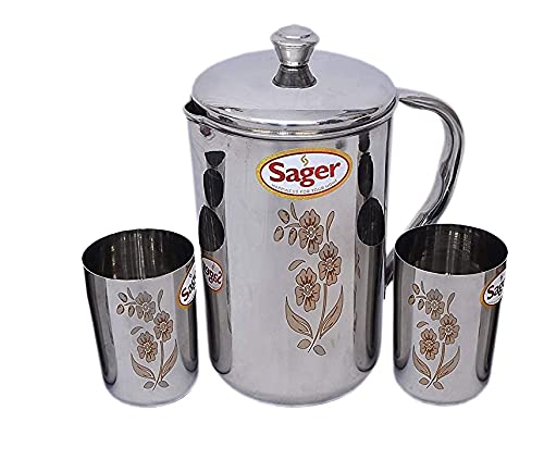 SAGER® Platinum Collection Stainless Steel drinkware Set Combo of 1 Jug / Pitcher for Water Storage (2 LTR.) and 2 Pc. Glass , Mirror Finish with Permanent Beautiful Laser Design