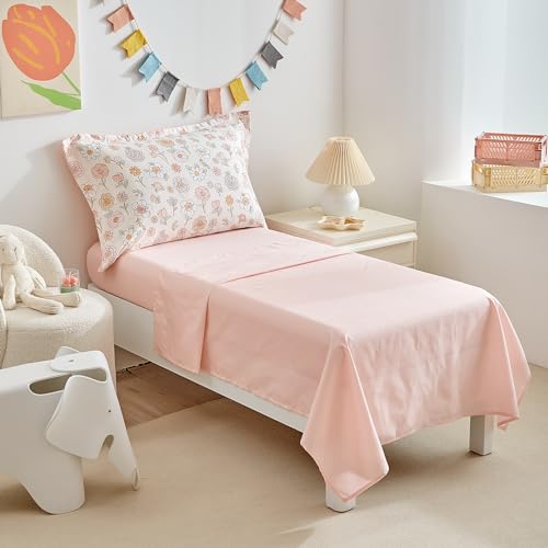 Image of DuShow Floral 4 Piece Girls Toddler Bed Comforter Set Pink Flower Reversible Toddler Bedding Set Soft Baby Crib Bed Sheets Set in a Bag | Include Quilt Comforter,Flat Sheet,Fitted Sheet,Pillowcase