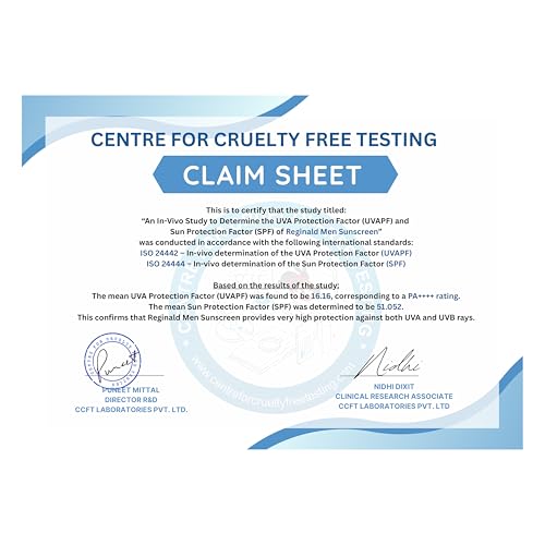 Image of Reginald Men SPF 50+ PA++++ Sunscreen (50g) | In-Vivo Tested | Broad Spectrum UVA /UVB Protection | Brightening & Hydrating | Lightweight, Oil-Free & Non-Sticky | Daily Sun Protection for Men (Pack of 1,50g)