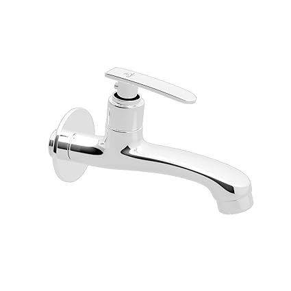 Pixaflo Moonstone Brass Long Body Bib Cock Tap with Wall Flange (Chrome)