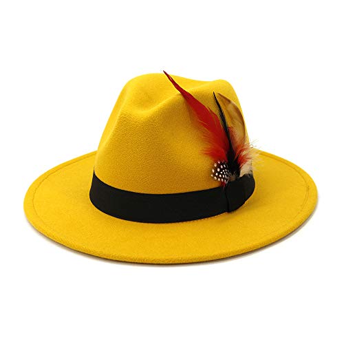 Osotwbo Fashion Feather Decor Wool Fedora Hats for Women & Men, Wide Brim Gangster Gentleman Felt Jazz Hat Yellow