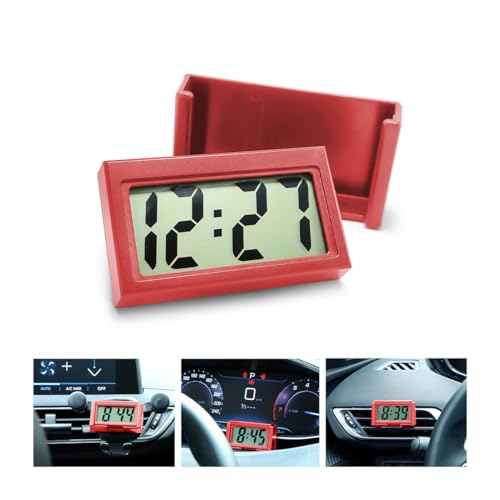 Image of Osilly Mini Digital Clock for Car Dashboard, Battery Operated & Clear LCD Screen Time Display, Small Digital Clock with Self-Adhesive Bracket (Red)