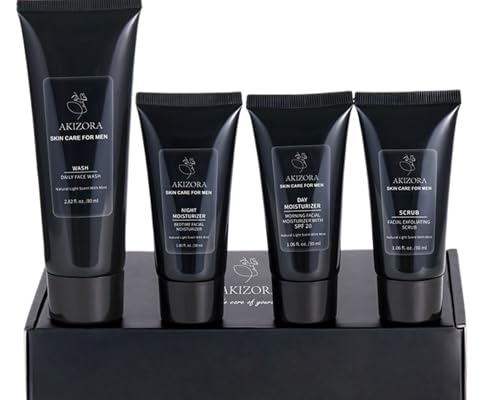 AKIZORA Coffret Soin Visage Homme – Kit 4-en-1 : Gel Nettoyant, Gommage Exfoliant, Crème de Jour SPF20 & Crème de Nuit – Routine Complète pour Peau Propre et Hydratée – Idée Cadeau Homme
