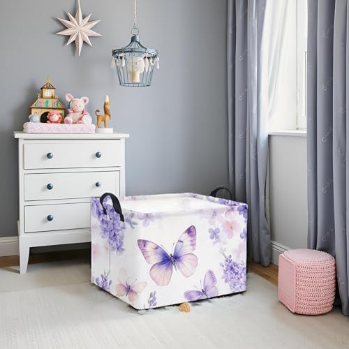 Image of Rectangular Kids Storage Basket Baby Storage Basket with Handles for Home Kitchen Boys and Girls Cute Toy Storage Bin Organizer Shelf Book Room Decor(Purple Butterfly)