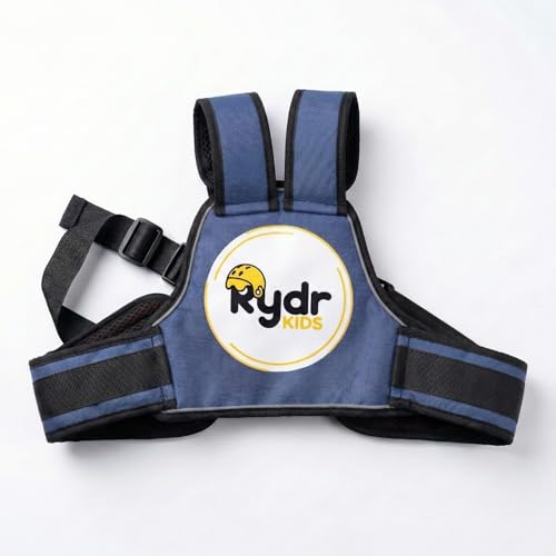Image of RYDR Regular Motorcycle Safety Harness for Kids (2-12 Years) Adjustable Two-Wheeler Safety Belt for Child Rider with Reflective Strip, Sleek Back Support (Blue, Without Pocket)