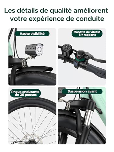 MileCity1 26' E-Bike für Erwachsene, 7 Gang Elektrofahrrad mit Austauschbarem 36V 13Ah Akku, 25 km/h und 80–100km Reichweite E-Bike für Städtische Pendler, IP65 Wasserdicht (MileCity1, Grün)