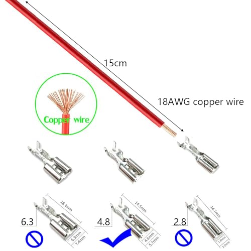 Gebildet 30tlg 4.8mm Flachstecker Crimpanschlussbuchse mit Isolierhülse und 15cm langem 18AWG Kabel, Rot + schwarz, Flachstecker-Schnellspleiß-Sortiment-Kit