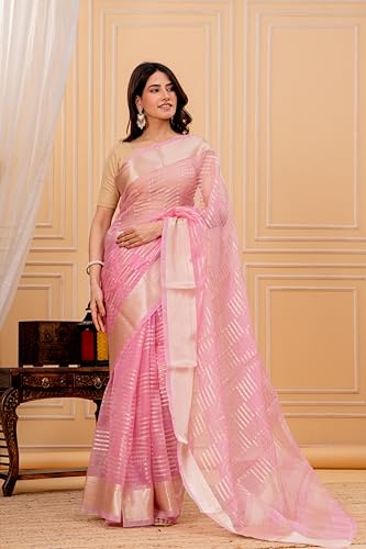 Image of Silk Saree For Women's with Golden Zari Border Blouse | Lightweight Traditional Saree for Women | Wear in Wedding Functions and Cultural Occasions | Pink