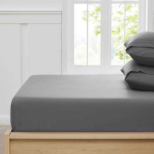 Twin Fitted Sheet Only with Full Elastic & Built in Corner Sheet Straps to Prevent Shifting - Soft & Breathable Brushed Microfiber Bottom Sheet, Twin, Gray