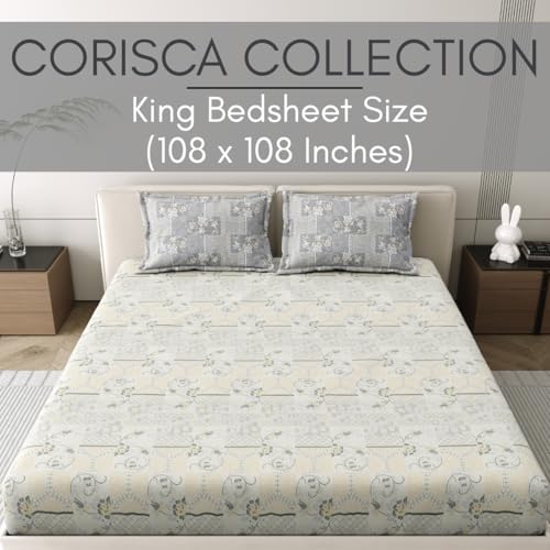 Image of Mafatlal 186 Tc Corsica Pure Cotton King Size Bedsheet | 108 X 108 Inches | Refreshing Summer Chadar for Breathable Sleeping Comfort | Bedding Set with 2 Pillow Covers | Star White