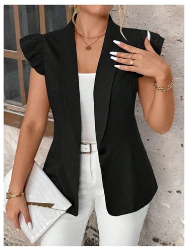 GORGLITTER Women's Plus Size Blazers Vest Open Front Ruffle Cap Sleeve Cardigan Dressy Business Casual Outfits4