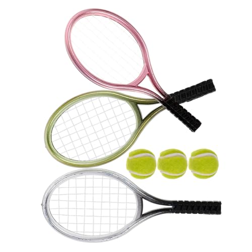 KONTONTY Mini Raquetas de Tenis Decorativas para Casas de Muñecas 3 Juegos Balones Tamaño Mini Colores Surtidos Accesorio para Bricolaje y Fotografía Modelo de Raqueta de Tenis de