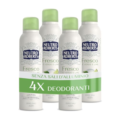 Neutro Roberts, Deodorante Spray Fresco Verde, Té Verde e Lime, Zero Sali di Alluminio, Zero Macchie, con Puro Olio di Glicerina, Deo Uomo e Donna, Dermatologicamente Testato, 48h - 4 Pezzi da 150 ml
