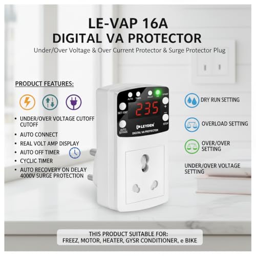 Image of LEYDEN LE-VAP 16A, 220VAC Under Over Voltage Protection Plug, Over Current & Dry Run Protection, Off & Cyclic Timer (1-999 min), 4000V Surge Protector for AC, Pump, Freezer, Geyser