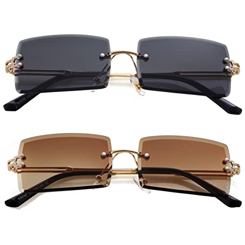 Kursan Frameless Rectangle Sunglasses for Men Women Small Rimless Sun Glasses Shades UV400 Protection (2 Pack (Grey + Gradient Brown))