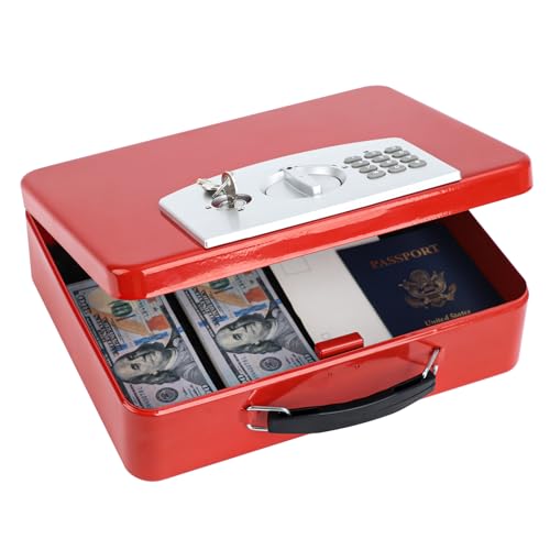 KYODOLED Red Safe Box with Digital Keypad Lock, Lock Box with Code for Personal Items, Metal Security Box for Cash, Passport, Jewelry, Ideal for Home, Office, Garage Sale, 11.8'' x 9.4'' x 3.5''