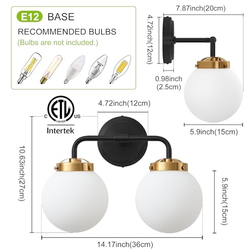 Image of Bathroom Light Fixtures 14in 2-Light Black Gold Vanity Lights for Mirror | Bathroom Lighting Fixtures over Mirror, ETL, Brushed Brass Wall Sconce, Dimmable E12 Base Max 60W, Milky Glass Ball Shades