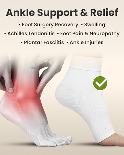 Image of KEMFORD Ankle Compression Sleeve - 1-Pair, Plantar Fasciitis Braces - Open Toe Compression Socks for Swelling, Sprain, Neuropathy, Foot Arch Support for Men and Women - 20-30mmhg, L, White
