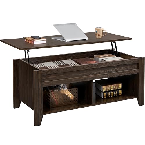 Yaheetech Lift Top Coffee Table with Hidden Storage Compartment & 2 Open Shelves, Rising Tabletop...