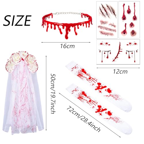 XINDY Dead Bride Costume Women, Zombie Bride Halloween Costume Accessories Set, Bloody Veil Headband, Thigh High Socks, Necklace, Scar Tattoos for Adult Women Scary Halloween Costumes Cosplay Party