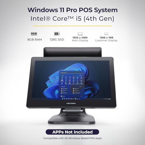 Image of Volcora Retail and Restaurant POS Terminal Machine for Small Business, Point of Sale Cash Register with Windows 11 Professional, CPU Intel Core i5, 15.6 inch &11.6 inch Dual Touch Screen, Black, Hardware Only