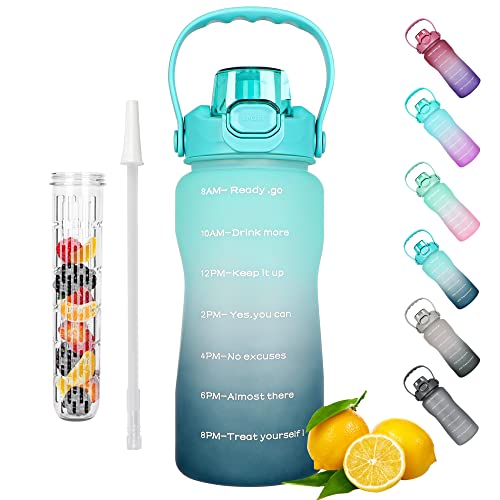 WELTRXE Sports Water Bottles, 1600mL Motivational Water Bottle with Time Markings & Straw & Fruit Infuser, Leak-proof, BPA-free, Reusable Plastic Drinks Jug For Gym Office Outdoor, Gradient Blue