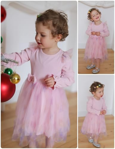 Image of Arshiner Toddler Girls Tulle Dresses with Bow Tie Fall Winter Long Sleeve Formal Party Dress 1-7 Y