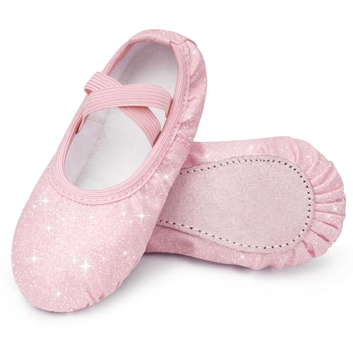 Stelle Ballet Shoes for Girls Glitter | Metallic Faux Leather Ballet Slippers Dance Shoes for Toddler/Little/Big Kids(Pink Glitter,12ML)