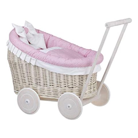 e-wicker24 Natural Wicker Dolls Pram Vintage Dolls Pushchairs on Wooden Wheels Pram for Dolls Handmade Toy Buggy Baby Doll Stroller Retro Style Doll Pram with Pink Bedding Cover