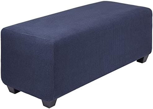 PiccoCasa High Stretch Ottoman Cover with Elastic Bottom, Soft Slipcover Jacquard Fabric Small Checks Rectangle Storage Stool Cover Furniture Covers Black Large