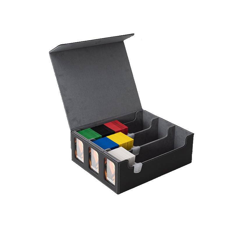 デッキケース 1800枚以上収納 3列 マグネット内蔵 トレカケース ケース PUレザー 8枚仕切り付き (ブラック+グレー)