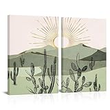 LevvArts Boho Wall Art Canvas Cactus Desert Mountain Range Painting Prints Modern Southwest Boho Cactus Wall Decor - 16'x24'x2PCS (Green)