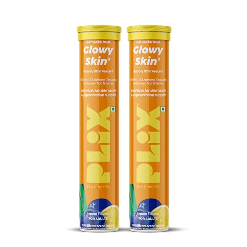 Image of PLIX - THE PLANT FIX Glutathione Effervescent Tablets for Clear, Glowing & Youthful Skin | 500mg Glutathione, Vit E & Hyaluronic Acid | No Maltodextrin, No Sugar | Pack of 2 (30 tabs) | Lemon