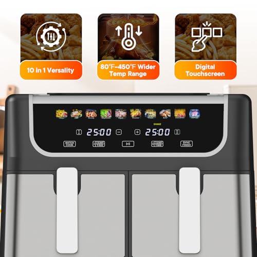 Image of NEWBULIG Dual Air Fryer with 2 Baskets 9.5 QT, 10 in 1 Large Air Fryers | Ceramic Crisper Plate, Match Cook, Sync Finish, Shake Reminder, 80-450F Wide Temp, Roast, Defrost, Dehydrate, Bake, Black