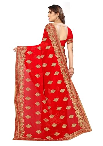 Image of B BELLA CREATION Women's Maroon Georgette Saree with Heavy Golden Embroidery Work & Unstitched Blouse Piece