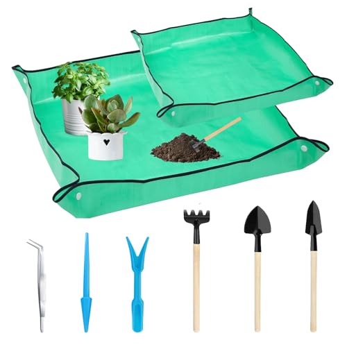 RYAN 2 Pezzi Tappetino per Rinvaso di Piante con 6 Mini Kit Giardinaggio 100 x 100 CM Tappetino Giardinaggio Pieghevole Impermeabile per Rinvaso Piante Grasse Piantina (Verde)