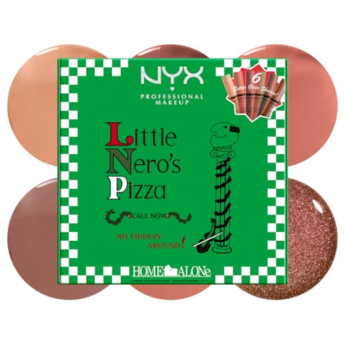 NYX Professional Makeup Home Alone Lipglosse in Pizzaschachtel, Mit glänzendem Finish und nicht klebriger Formel, Butter Gloss Pizza Vault, 6 Stück, 5 Nude-Farben und Butter Gloss Bling