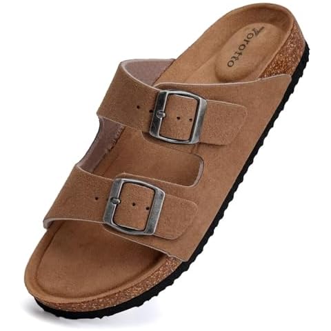 Torotto Womens Slides with Cork Footbed Open Toe Adjustable Webbing Flat Sandals for Walking | Beach | Indoor(Suede/Khaki,40) Cover
