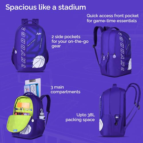 Image of Skybags Klan V2 05 Basketball 38 Liters Premium Polyester Fabric School Backpack for Kids with Multiple Compartments and Adjustable Strap - Boys & Girls