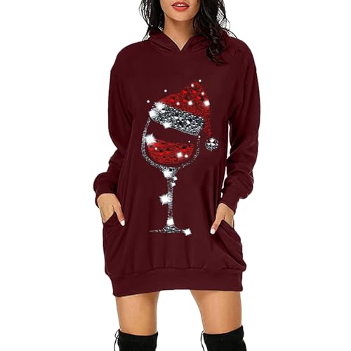 Générique Robe Pull de Noël pour Femmes Robe Midi Confortable à Manches Longues avec Impression Verre à Vin Tenue de Fête Festive Moche et Rigolote Idée Cadeau de Noël