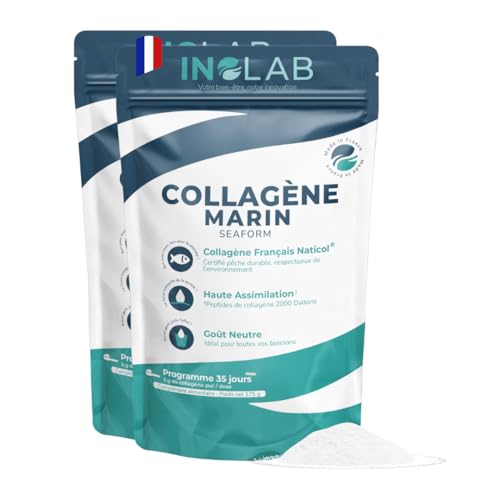 INOLAB Collagène Marin poudre Français 2000 Da Qualité Naticol I 2 lots de 175g de collagène 70 jours 5g/jour I Collagène Peptides I Goût neutre pour toutes vos boissons quotidiennes