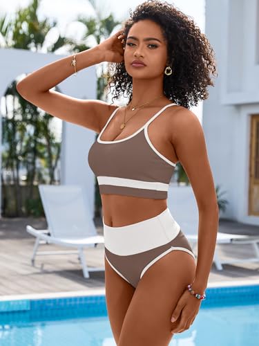 Image of ANRABESS Women's High Waisted Bikini Sets,Color Block 2 Piece Swimsuits,Tummy Control Bathing Suits,Thick Ribbed Beach Wear