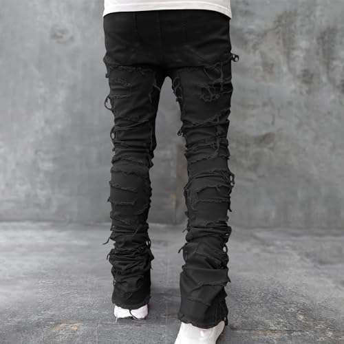 Firzero Men's Denim Pants Zippered Straight Leg Trousers Elastic Patchwork Slim Fit Jean Y2K Style Trousers with Pocket4