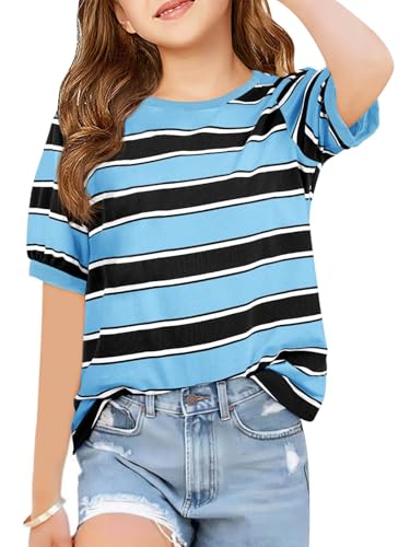 Image of Haloumoning Girls Striped Short Sleeve T Shirts Kids Summer Casual Tops Crewneck Tees Blouses 5-14Y