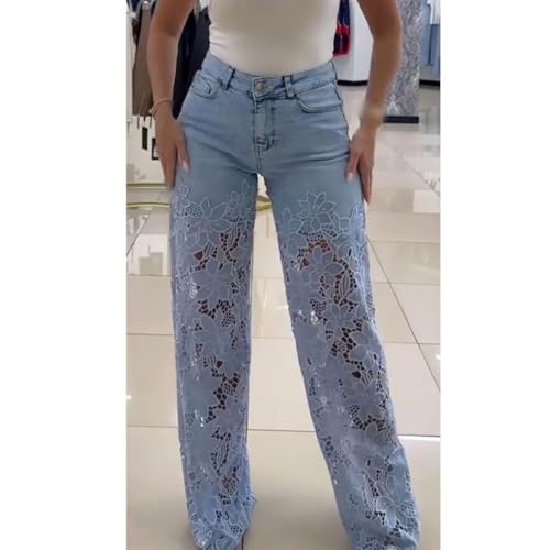 Women's Lace Patchwork Hollow Jeans, Casual Vintage Baggy Straight Wide Leg Denim Pants, Floral Hollow Out Pants4