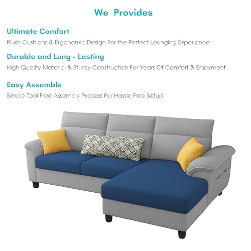 Image of Casaliving Seams RHS 4 Seater L Shape Sofa for Living Room (Blue Grey Fabric) Premium Fabric Sofa