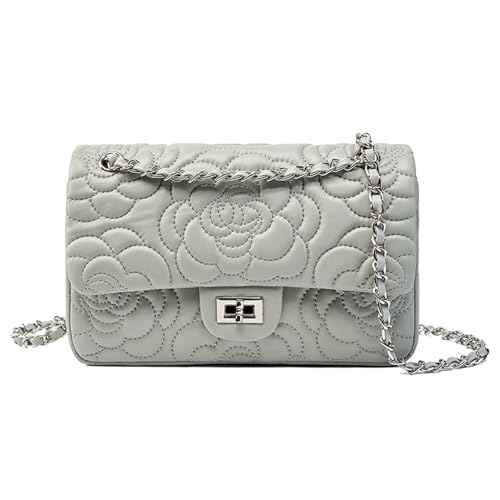 Sac bandoulière en cuir d'agneau matelassé et chaîne chic motif camélia