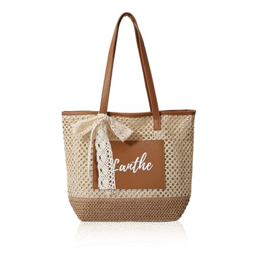Custom Straw Bag With Embroidered Name,Personalized Handwoven Tote Bag With Cute Lace Bow for Vacation Travel