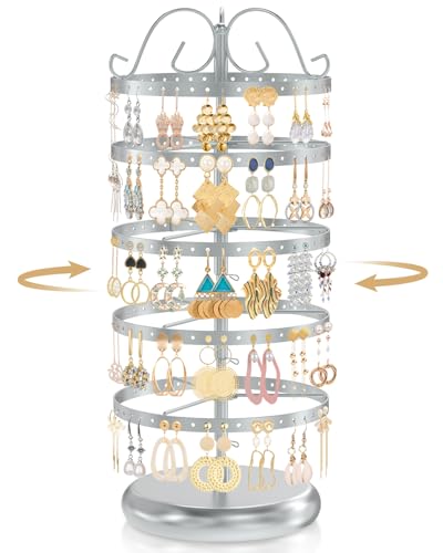 Image of Modowey Rotating Earring Holder Organizer Stand, 5 Tier Metal Tree Display for Women Vendors, 220 Hole Adjustable Jewelry rack for Stud Hoop Dangle Storage, Trendy Carousel Keeps Dresser Neat, Silvery