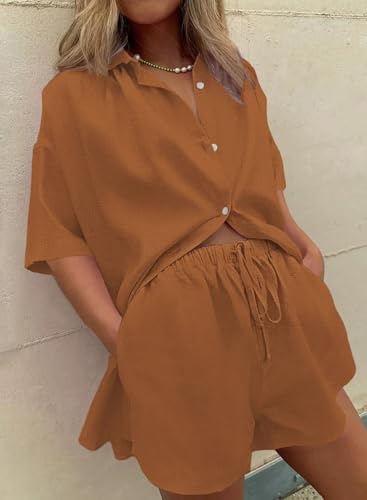 Image of Fixmatti Women 2 Piece Outfits Long Sleeve Button Down Blouse and Shorts Sweatsuit Sets